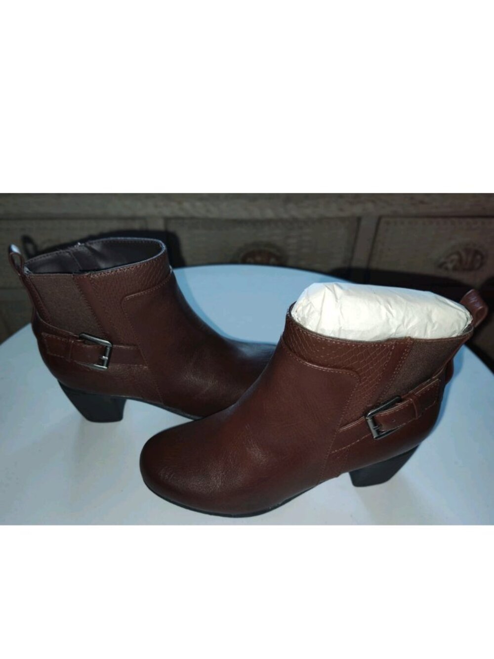 Croft & Barrow Gila Ankle Boots Womens 6 Wide Brown Buckle Block Heel Booties